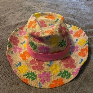 Floral Straw Hat with Pink Band